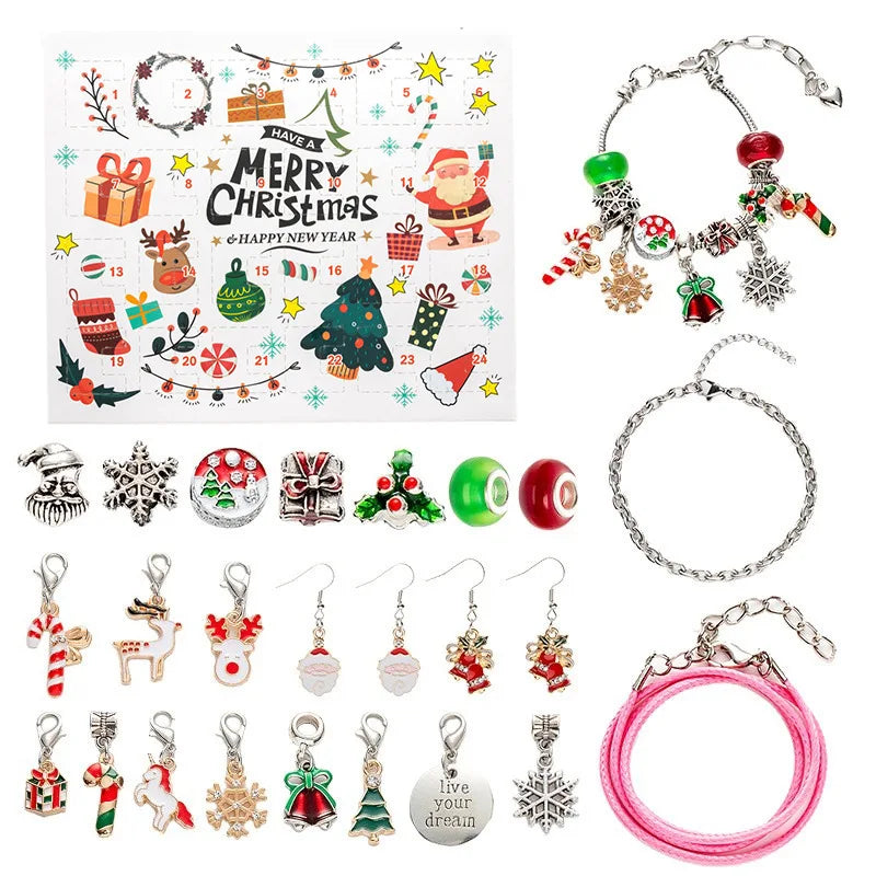 Christmas Advent Calendar Girl Bracelet 24 Days of Xmas Countdown Calendar Surprise DIY Creative Jewelry Charm Making Kit