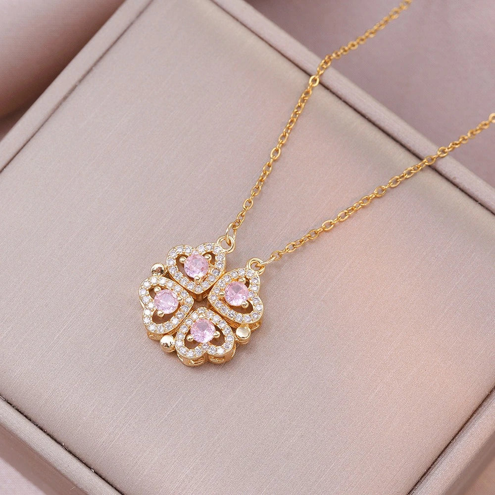 Fashion Retro Lucky Four Leaf Clover Women Necklace Gothic Love Heart Pendant Choke Chain Necklace Stainless Steel Jewelry Gift