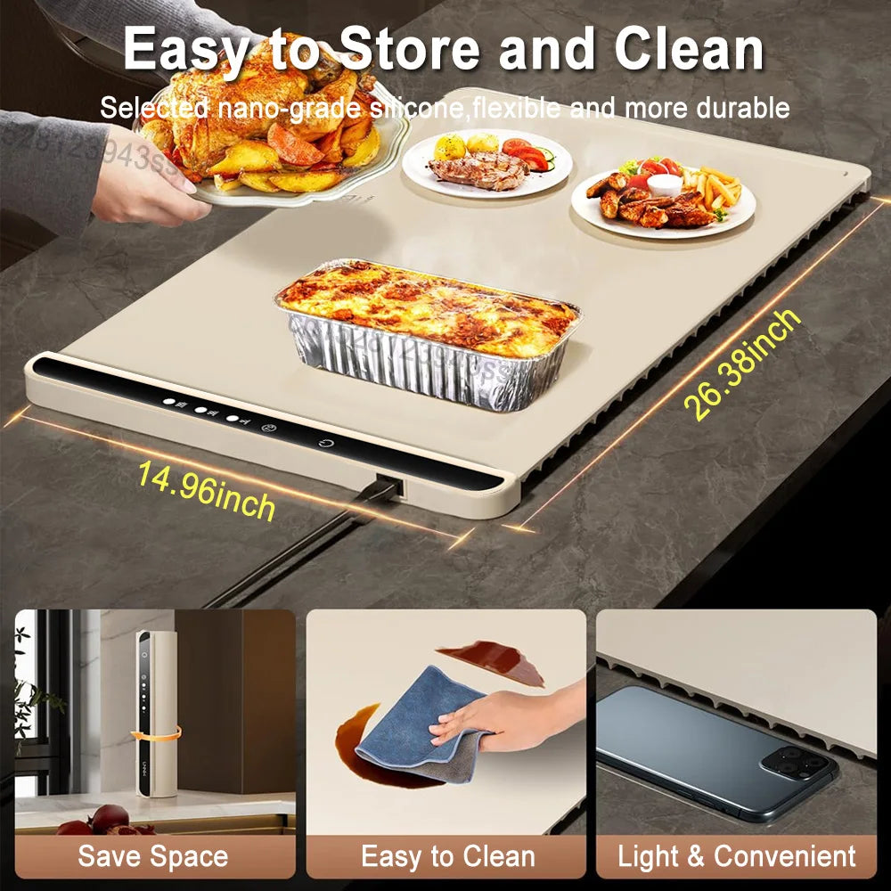 Electric Warming Tray Food Warm Plate with 3 Temperature Fast Full Surface Heating Mat Keep Food Hot Foldable Electric Warm Tray