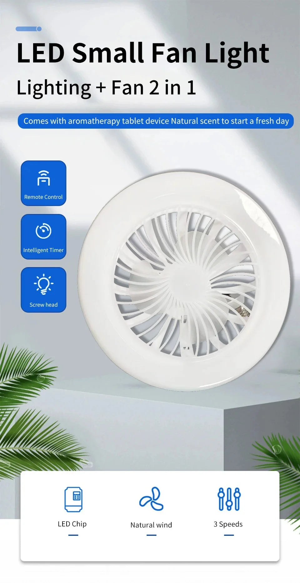 Energy-Saving Remote Control LED Ceiling Fan Lamp 85-265V for Living Room Bedroom Bottom Noise Mute E27 Base 2 In 1fans Light