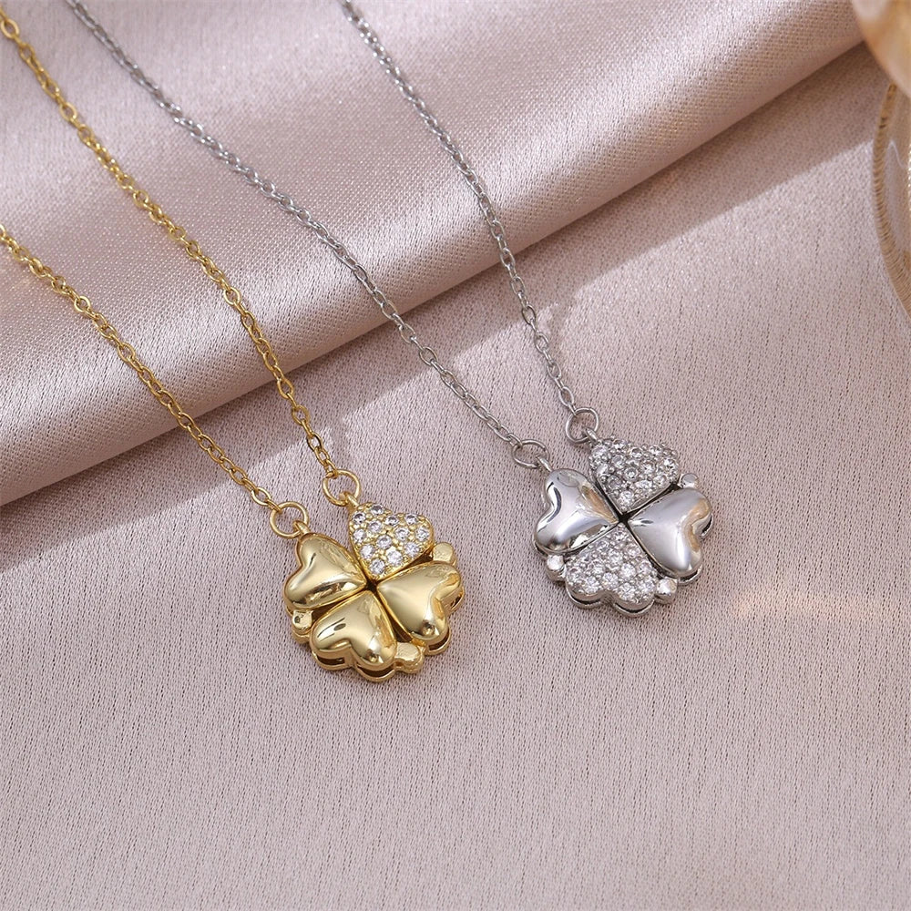 Fashion Retro Lucky Four Leaf Clover Women Necklace Gothic Love Heart Pendant Choke Chain Necklace Stainless Steel Jewelry Gift