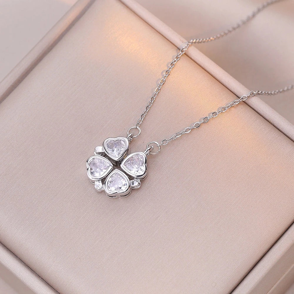 Fashion Retro Lucky Four Leaf Clover Women Necklace Gothic Love Heart Pendant Choke Chain Necklace Stainless Steel Jewelry Gift