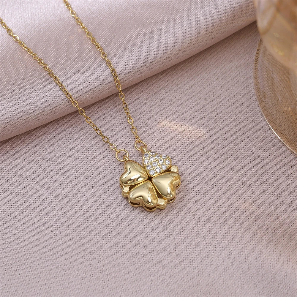 Fashion Retro Lucky Four Leaf Clover Women Necklace Gothic Love Heart Pendant Choke Chain Necklace Stainless Steel Jewelry Gift