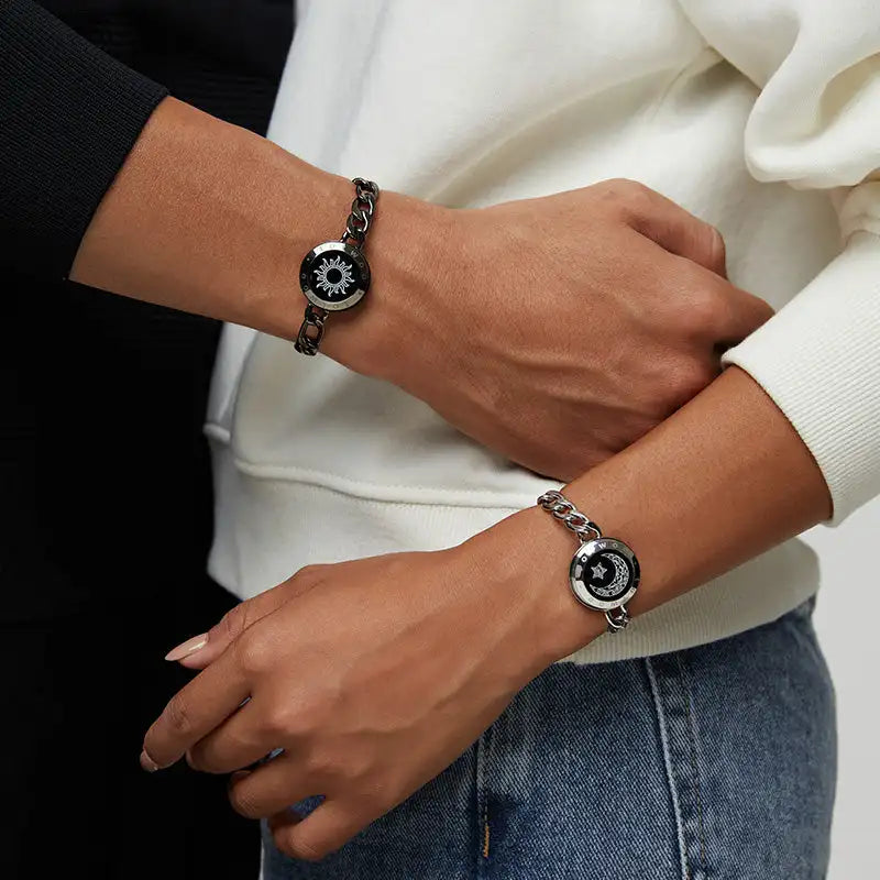 Long Distance touch Light up&Vibrate Bracelets for Couples, Long Distance Relationship Gifts Smart Sun&Moon Love Bracelet