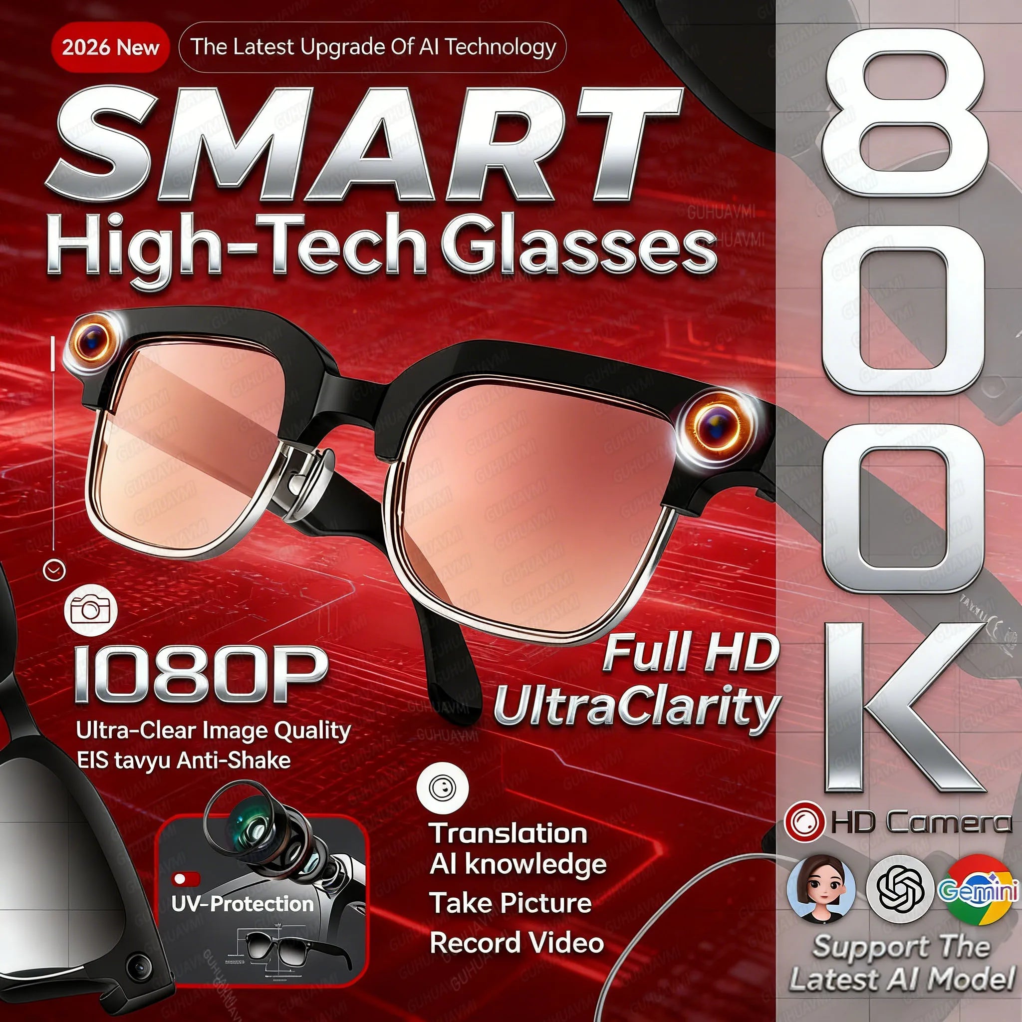 2026 New AI Smart Glasses 8MP Camera HD Video Recording Voice Translator Bluetooth 5.3 Audio Sunglasses WiFi Transfer ENC Call