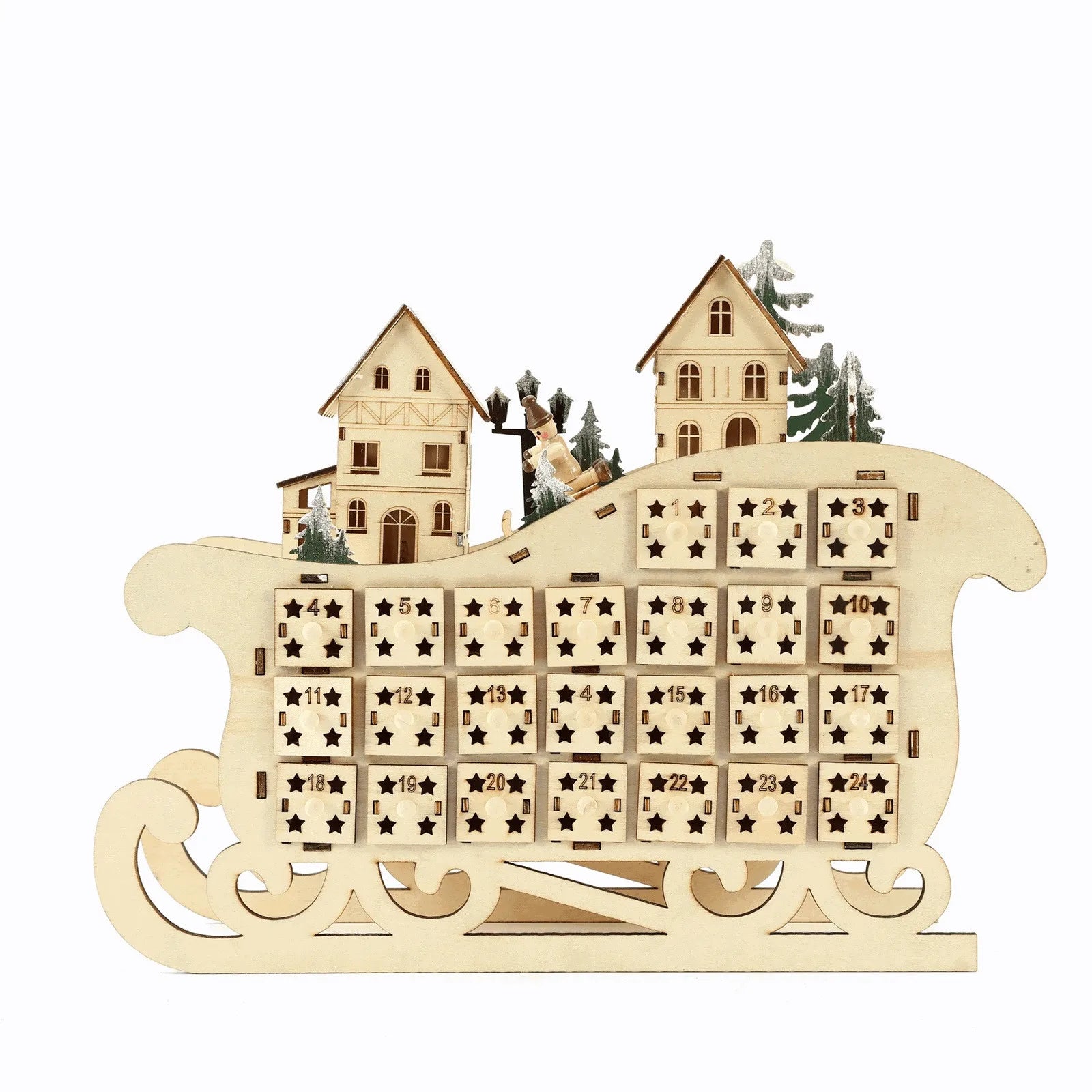 Christmas Advent Calendar Wooden Sled Calendar LED Creative Xmas Decorations Accessories Practical Household Interior Ornaments