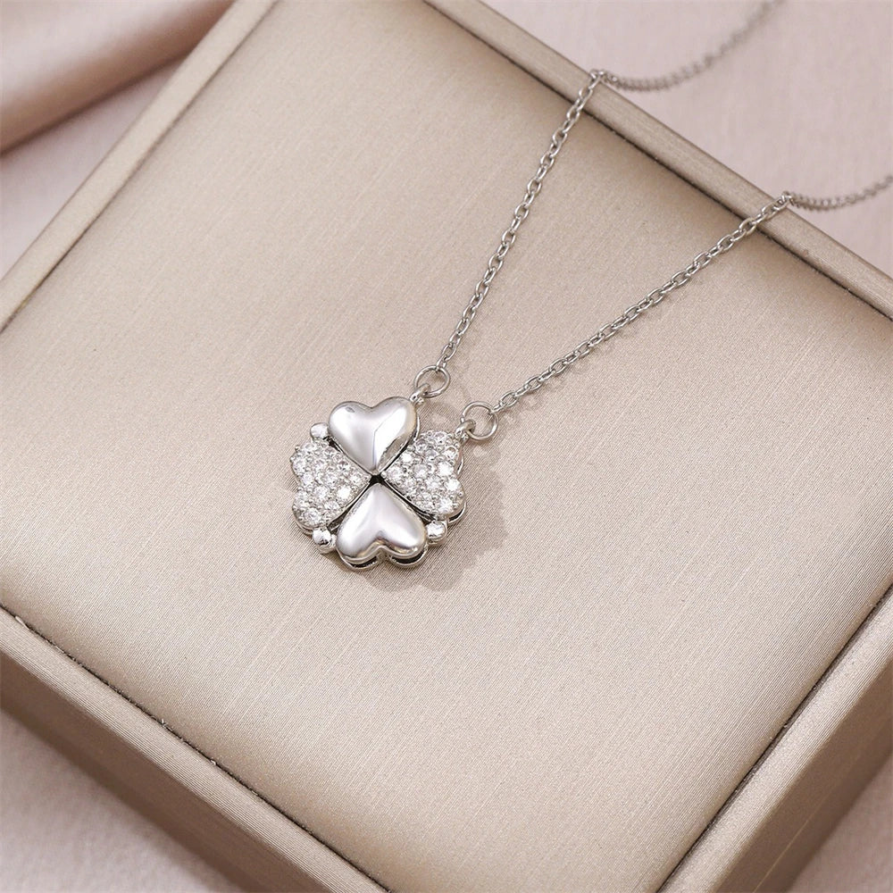 Fashion Retro Lucky Four Leaf Clover Women Necklace Gothic Love Heart Pendant Choke Chain Necklace Stainless Steel Jewelry Gift