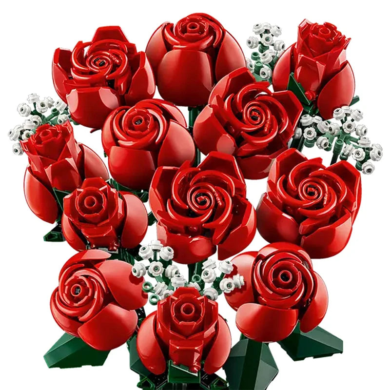 Home Decoration Romantic Rose Flower Bouquet Building Blocks Creative Assemble Bricks Toys Gifts for Lovers Anniversary Girls