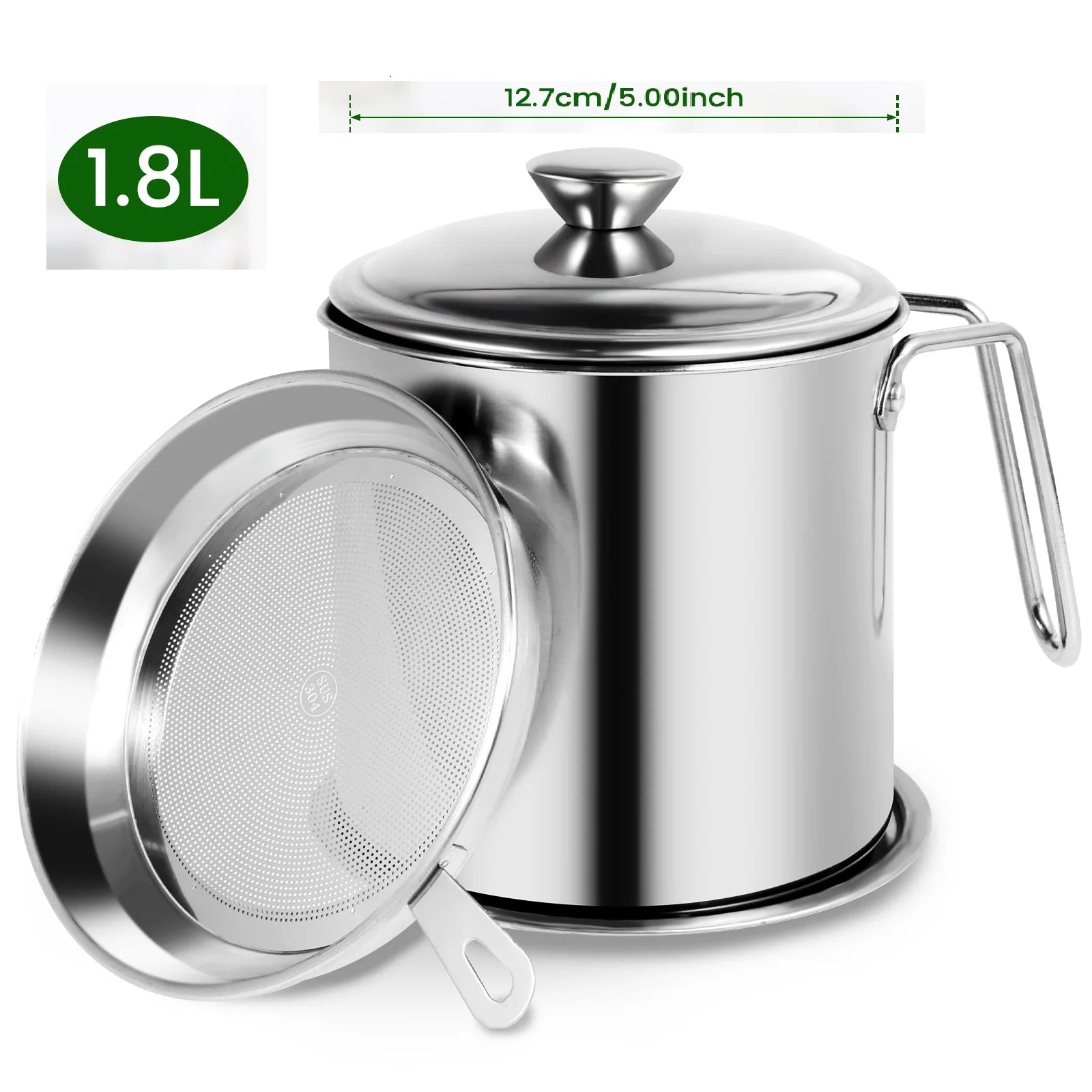 2/1.5L Oil Filter Fry Basket Oil Storage Can Pot Stainless Steel Oil Strainer Pot with Fine Mesh Strainer Grease Container Kitch